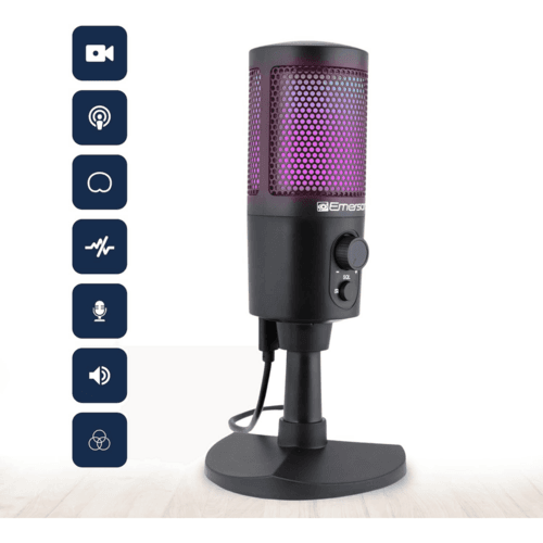 Emerson microphone on desk stand with RGB glow
