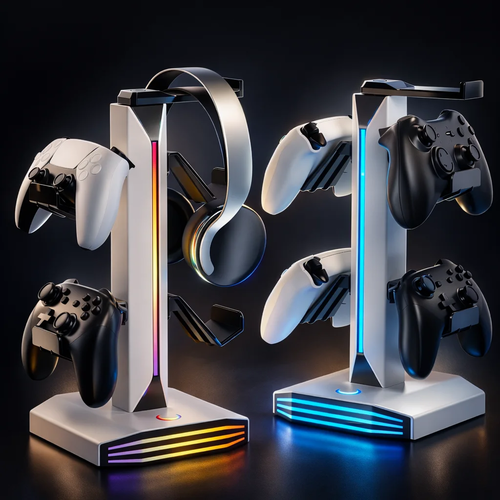 RGB controller holder rack with glowing base and dual controller hooks