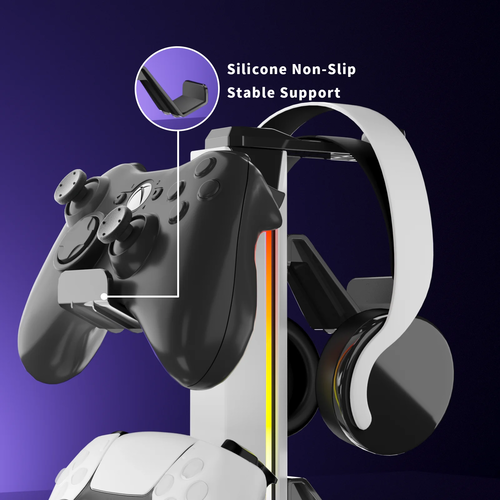 Multi‑controller rack showing detachable hooks and RGB effects
