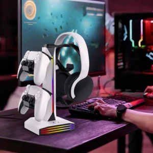 RGB gaming desk organizer holding controllers and headphones