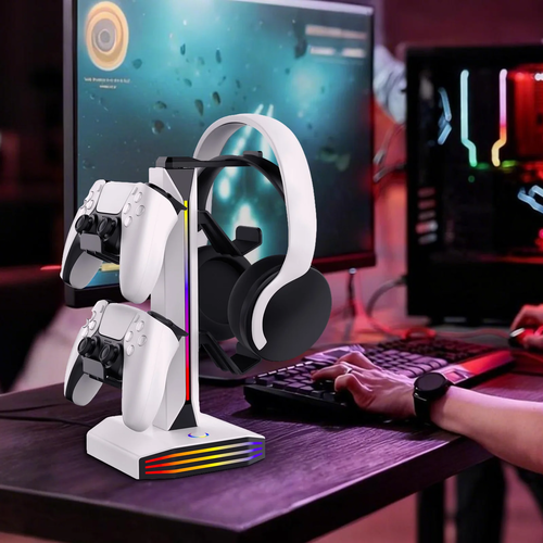 RGB gaming desk organizer holding controllers and headphones
