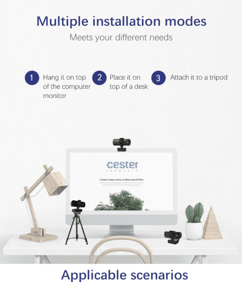 Multiple mounting options for 2K webcam on monitor and tripod