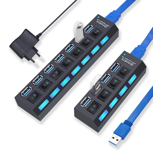 USB 3.0 hub connected to laptop with multiple devices